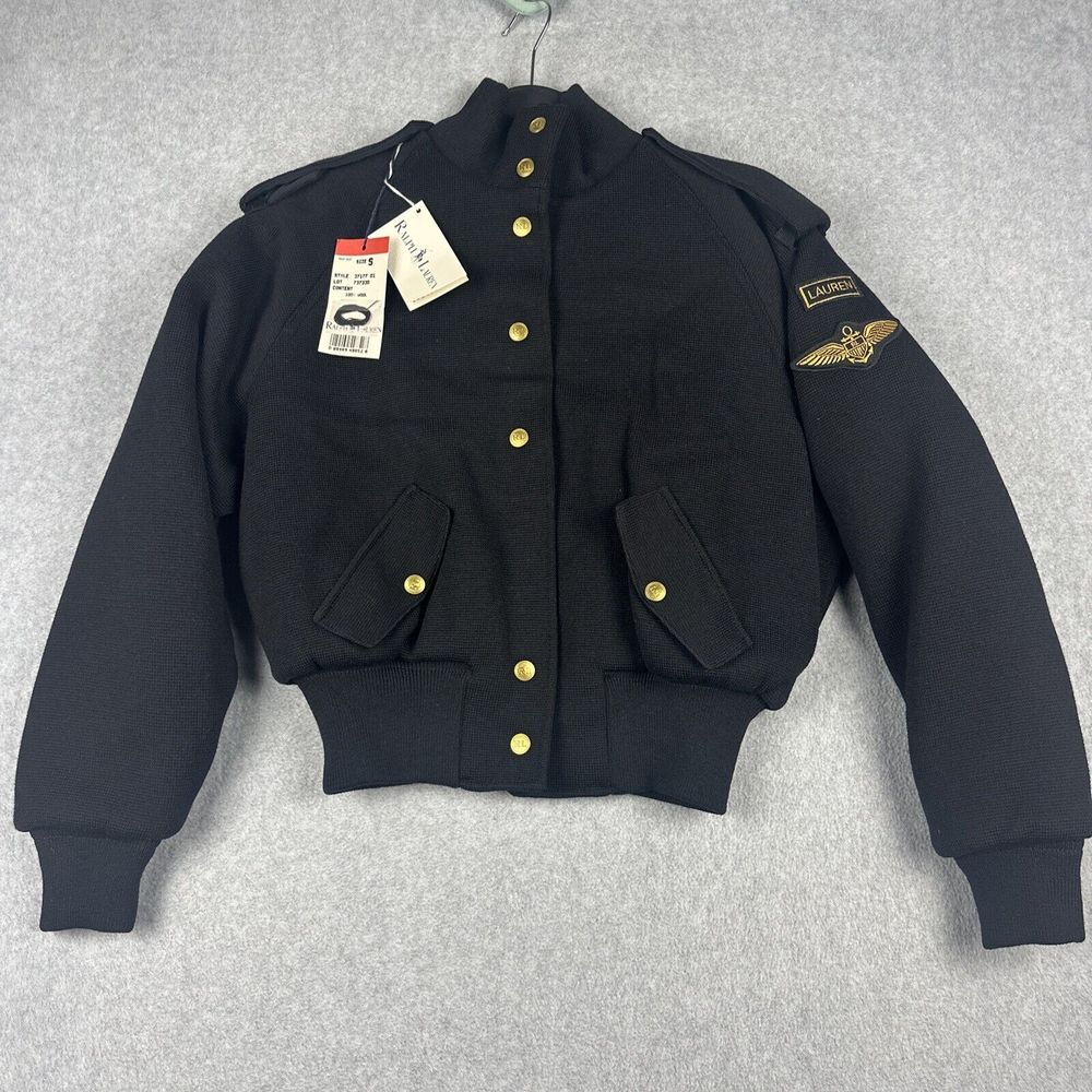 Vintage Ralph Lauren Jacket Mens S Black Snap Zip U.S. Navy Bomber Wool NWT Rare